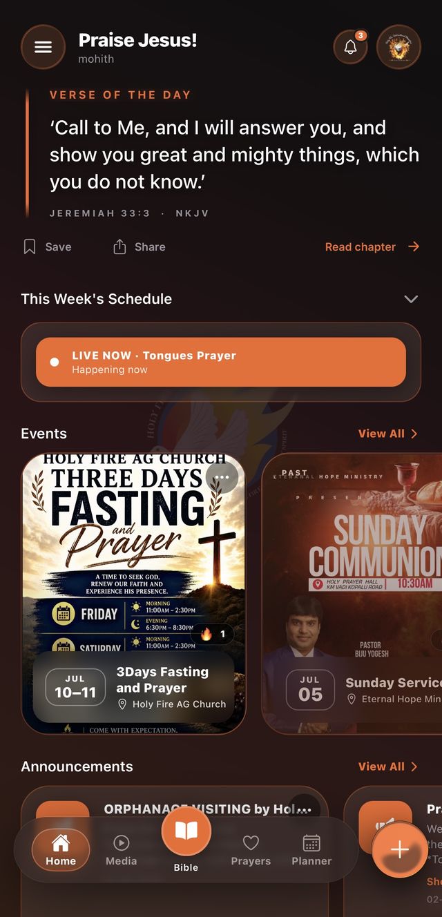 HFI Connect — home with verse of the day, live schedule and events